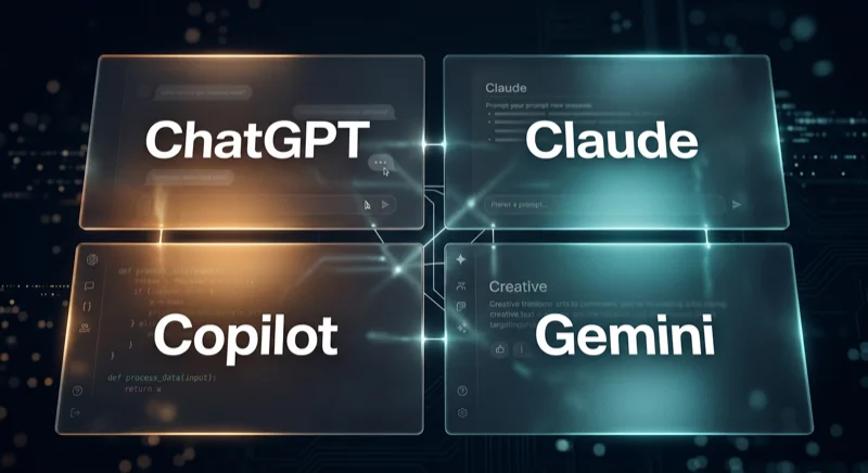 AI-platforme ChatGPT, Claude, Copilot og Gemini vist som glasspaneler